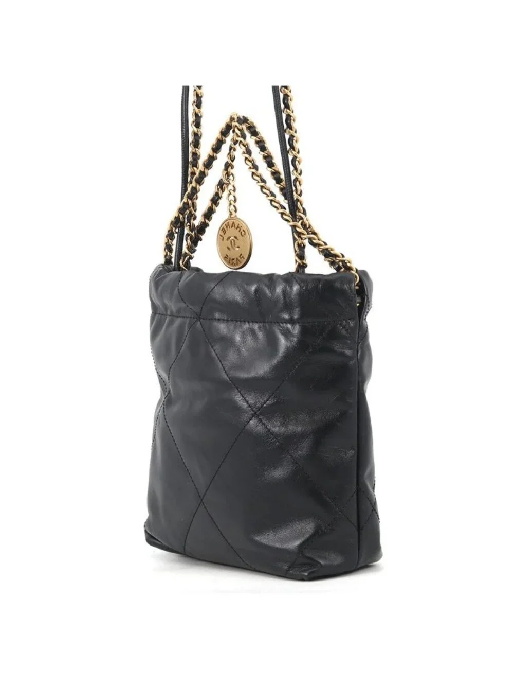 Chanel Handbag 22 Mini CC Logo Shiny Calf Leather 2-Way Shoulder Black